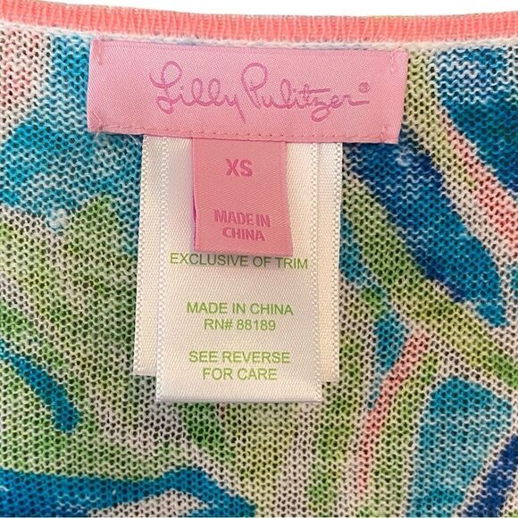 Lilly Pulitzer Sz XS Tropical Green Pink V-Neck Long Sleeve Light Cotton Sweater - Picture 7 of 7